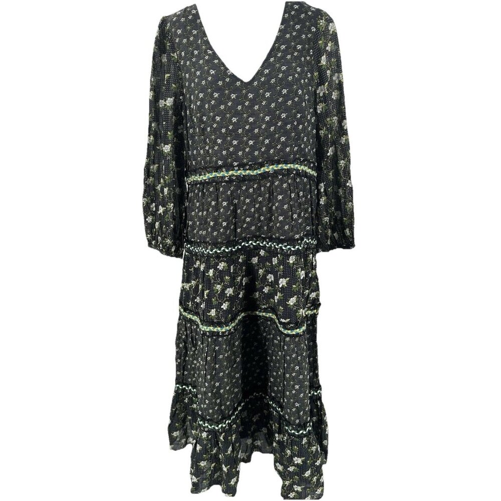 NWT Anthropologie Dress Maxi Cottage Core Green Floral Long Sleeve Tiers Ruffles